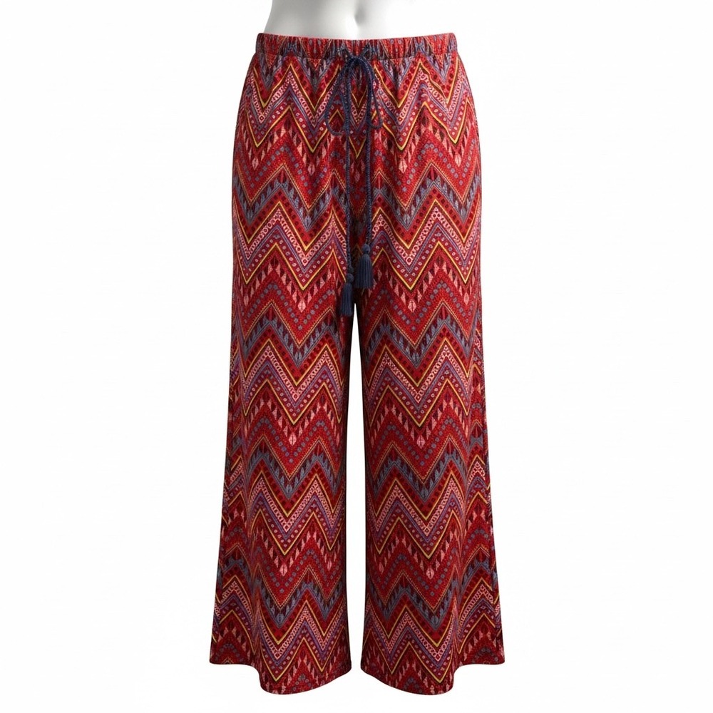 New Directions Womens Red Chevron Geometric Wide Leg Tassel Drawstring Pants L